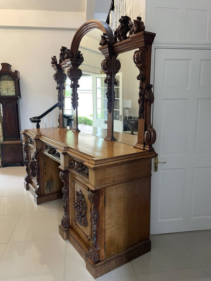 Majestic Antique Victorian Carved Oak Mirror Backed Sideboard - Image 7